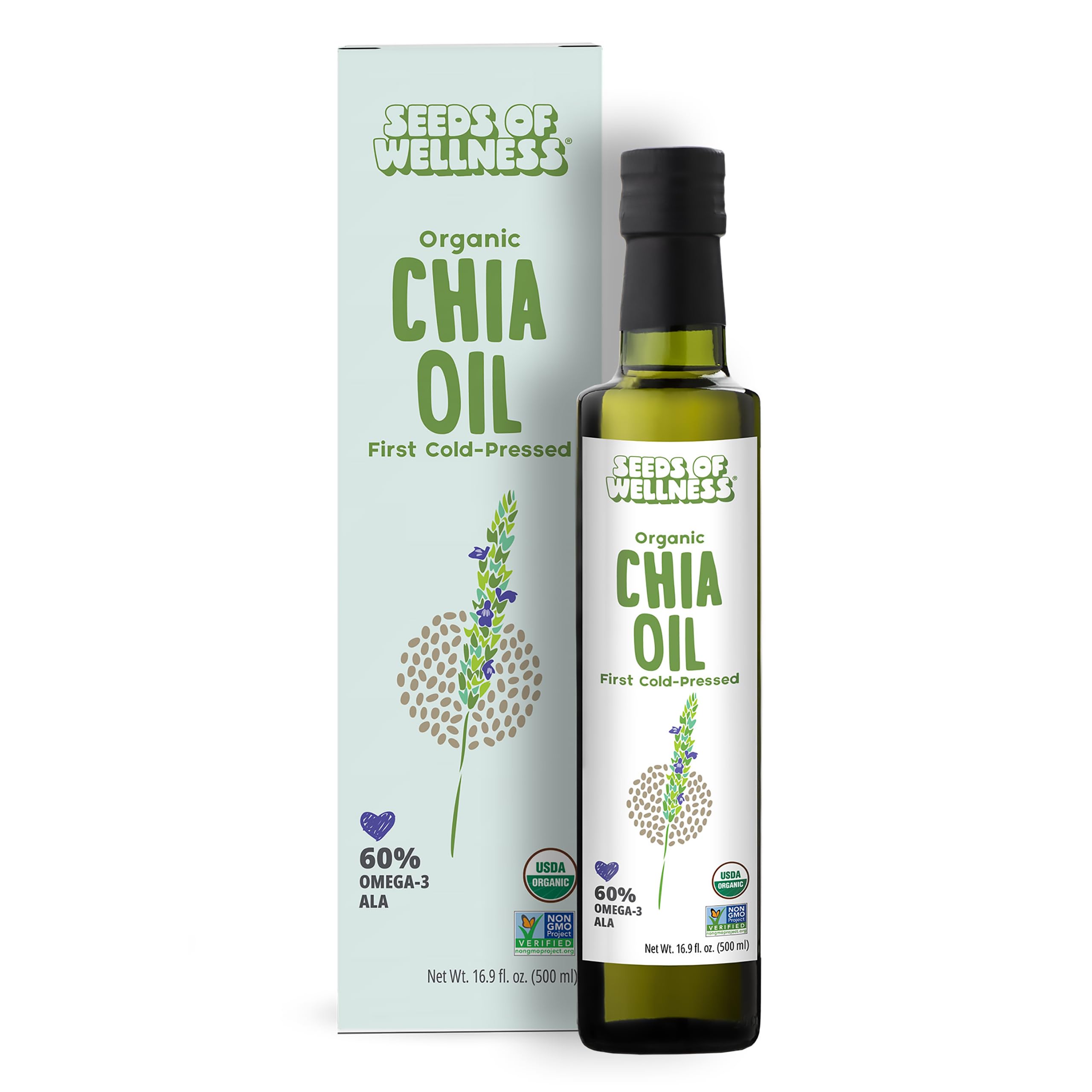SOW Seeds of Wellness Organic Chia Seed Oil bottle for pure oil in dressings and smoothies.