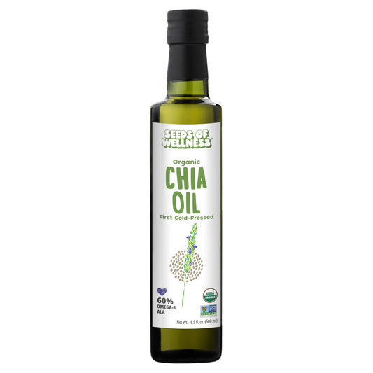 SOW Seeds of Wellness Organic Chia Seed Oil pour spout showing easy drizzle for meals.