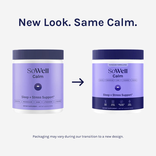 SoWell Calm powder scoop beside the container for easy dosing.