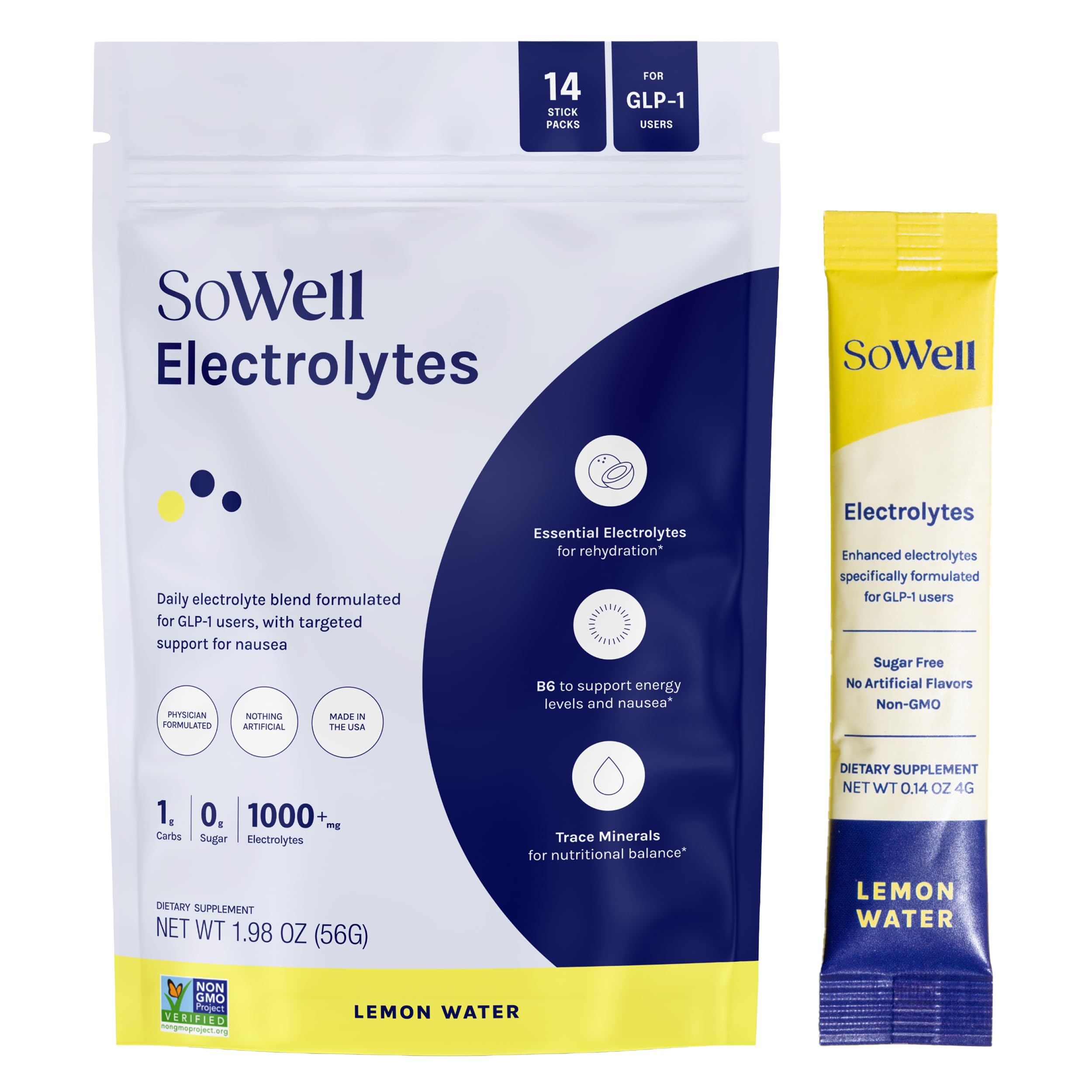 SoWell GLP-1 Electrolytes lemon stick-pack for refreshing on-the-go hydration.