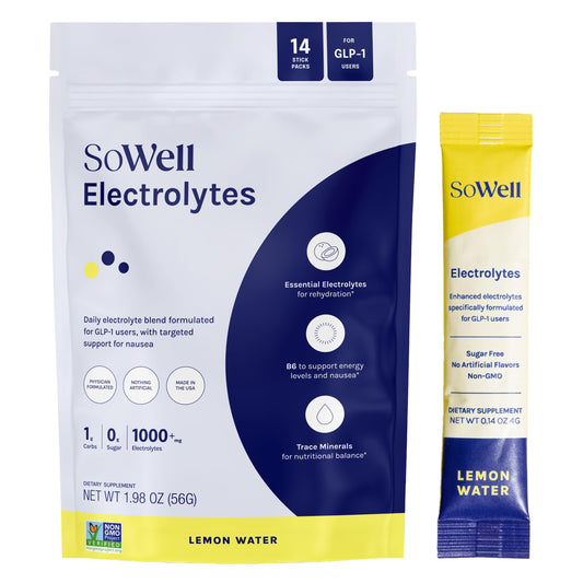 SoWell GLP-1 Electrolytes lemon stick-pack for refreshing on-the-go hydration.