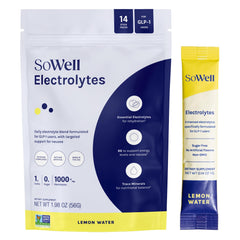 SoWell GLP-1 Electrolytes lemon stick-pack for refreshing on-the-go hydration.