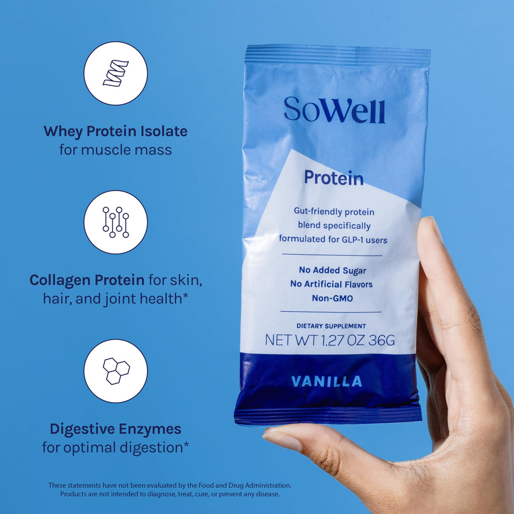 SoWell GLP-1 Protein Vanilla ingredients panel highlights collagen and enzymes