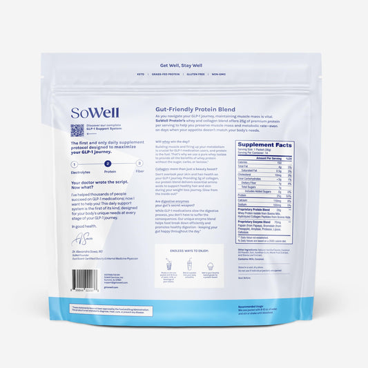 SoWell GLP-1 Protein Vanilla stick-pack back showing ingredients and benefits