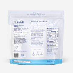 SoWell GLP-1 Protein Vanilla stick-pack back showing ingredients and benefits
