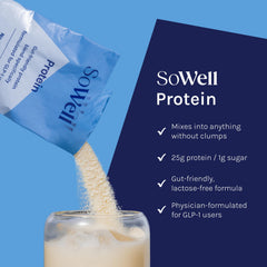 SoWell GLP-1 Protein Vanilla stick-pack closeup with label details for trust