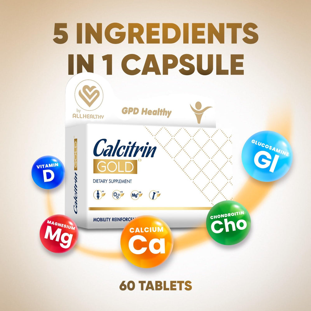 Calcitrin Gold tablets close-up highlighting joint-friendly minerals.