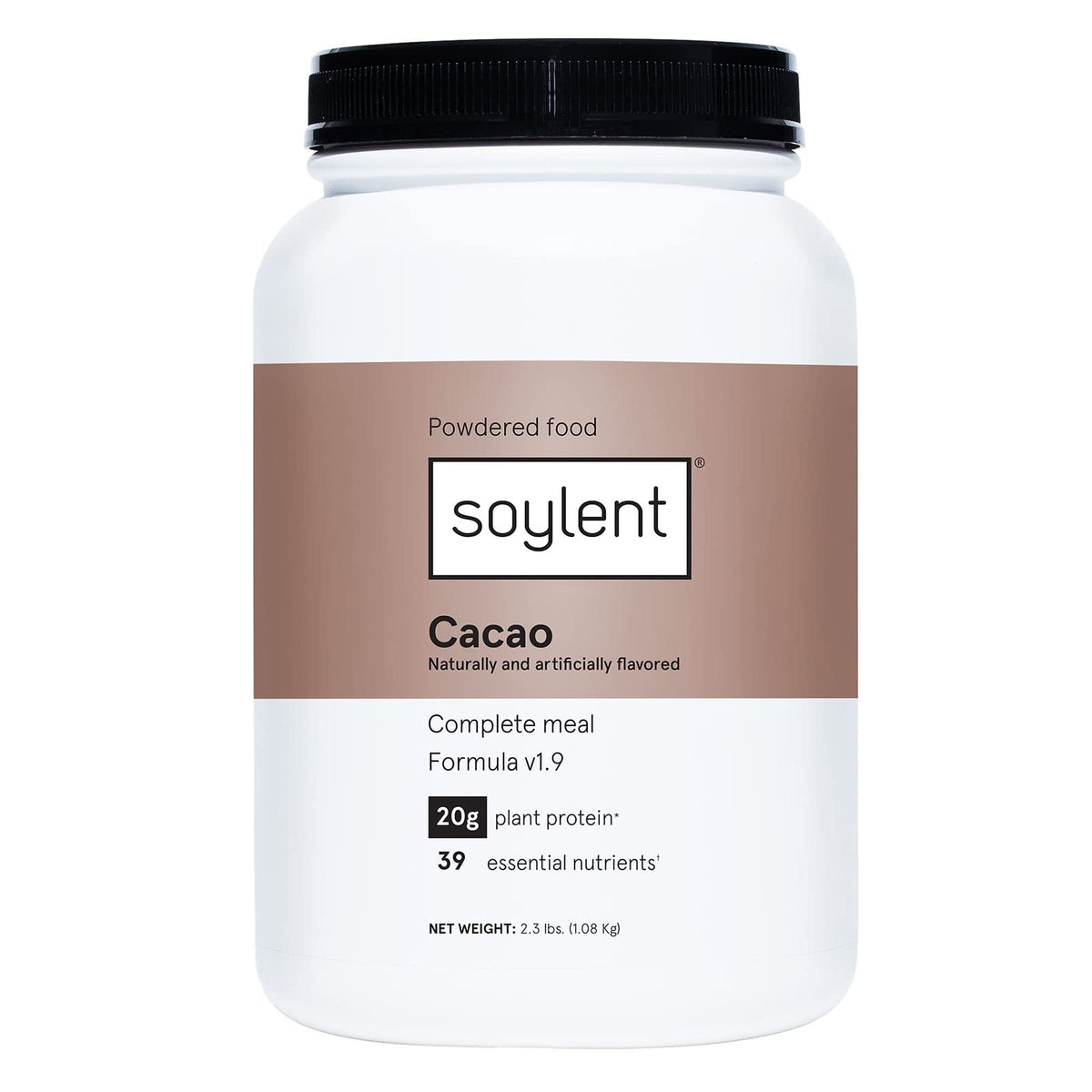 Soylent Complete Nutrition tub on kitchen counter for a quick meal