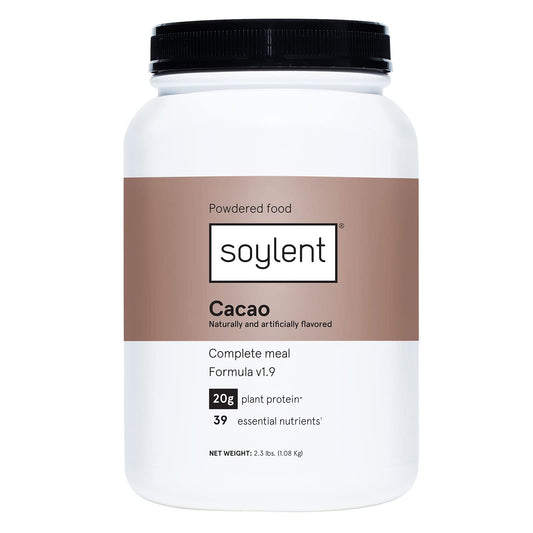 Soylent Complete Nutrition tub on kitchen counter for a quick meal