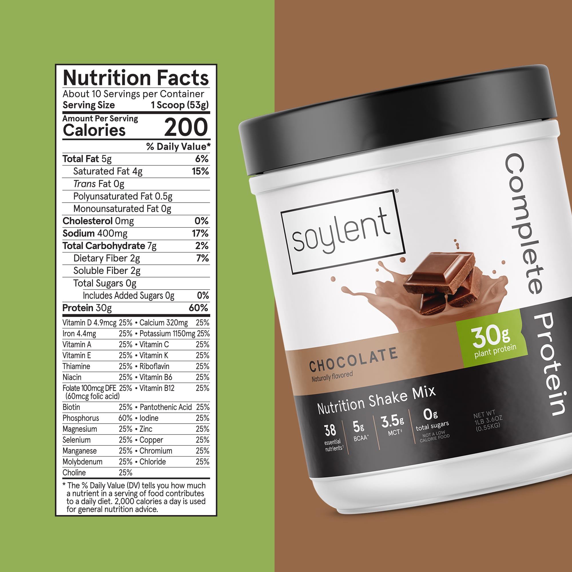 Nutrition panel on Soylent Chocolate protein highlights 30g protein per serving.