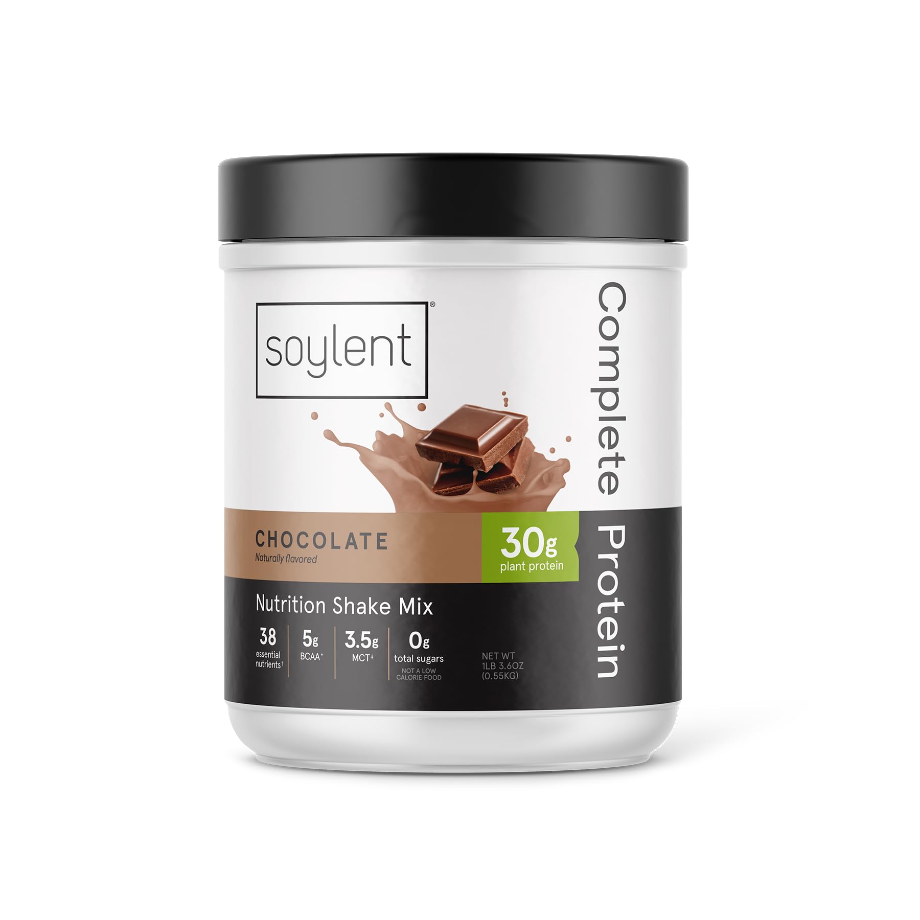 Soylent Complete Protein Chocolate tub front with zero sugar and vegan formula.