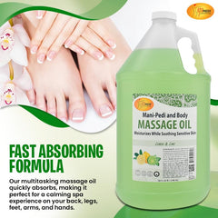 SPA REDI Lemon Lime Massage Oil pedicure setup suggests foot care ritual.