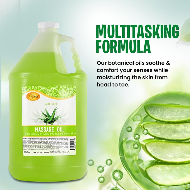 Closeup of the SPA REDI label on Aloe Vera massage oil bottle