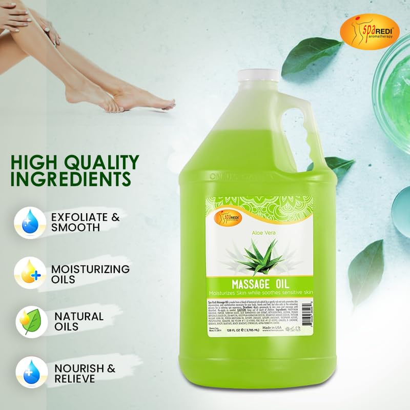 Packaging of SPA REDI Aloe Vera massage oil, cruelty-free and USA-made