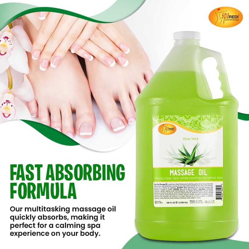 SPA REDI Aloe Vera massage oil in a calming spa scene for at-home rituals