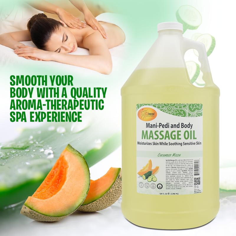 SPA REDI massage oil cucumber melon application hand demonstrates relaxing massage