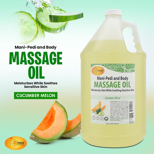 SPA REDI massage oil cucumber melon bottle closeup highlighting fast-absorbing formula