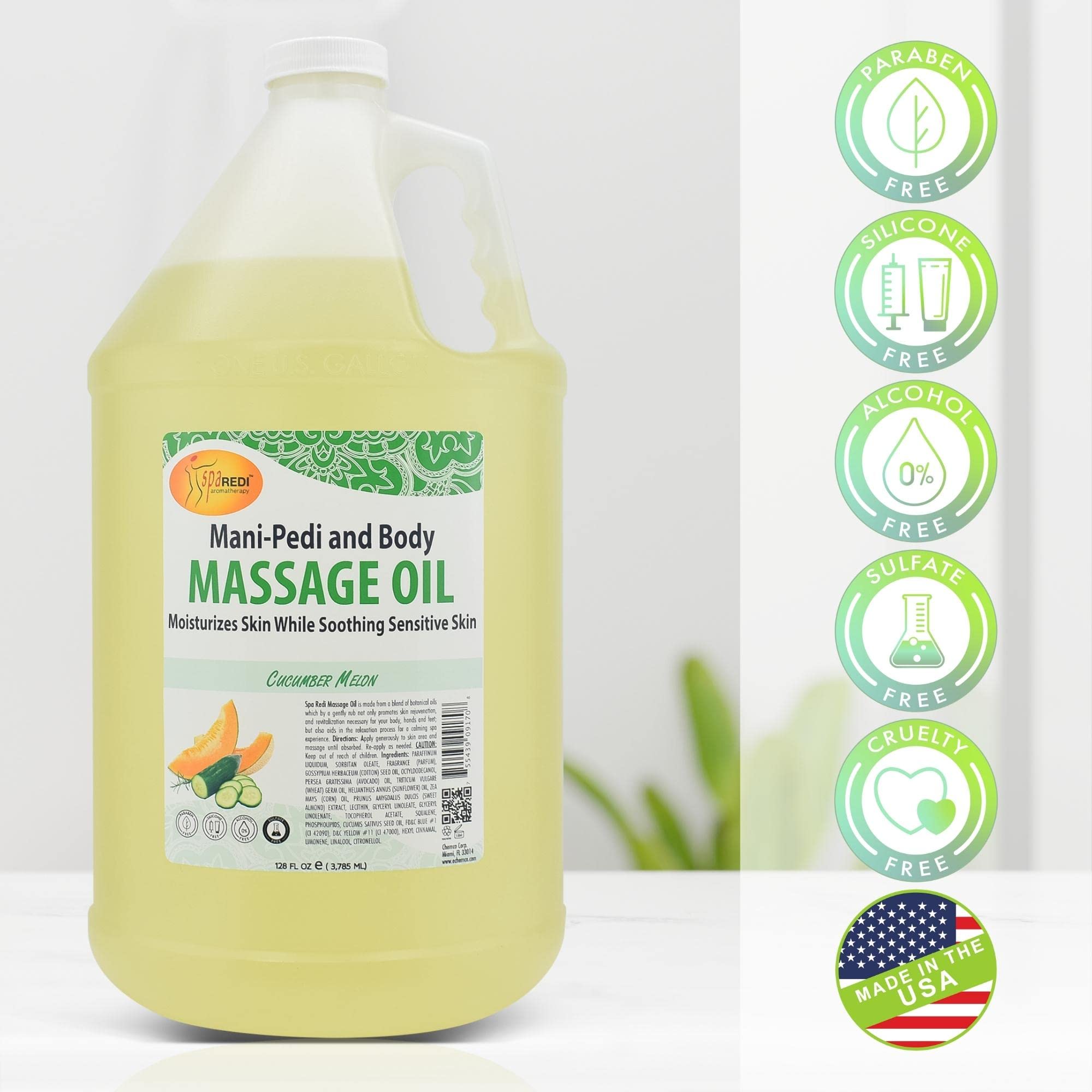 SPA REDI cucumber-melon massage oil made-in-usa label signals quality
