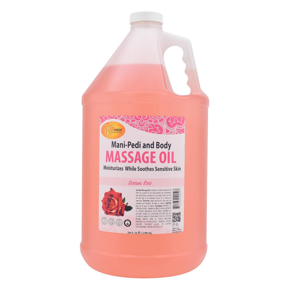 SPA REDI sensual rose massage oil bottle for a calming full-body massage.