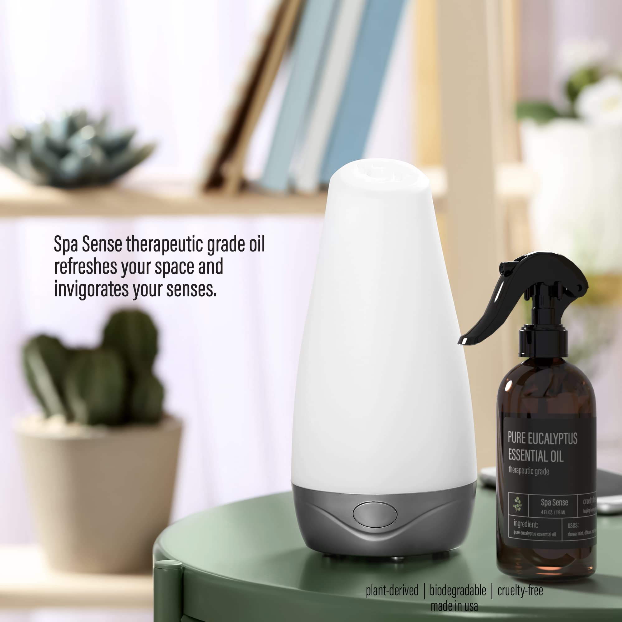 Spa Sense eucalyptus spray used with a diffuser for natural aromatherapy.