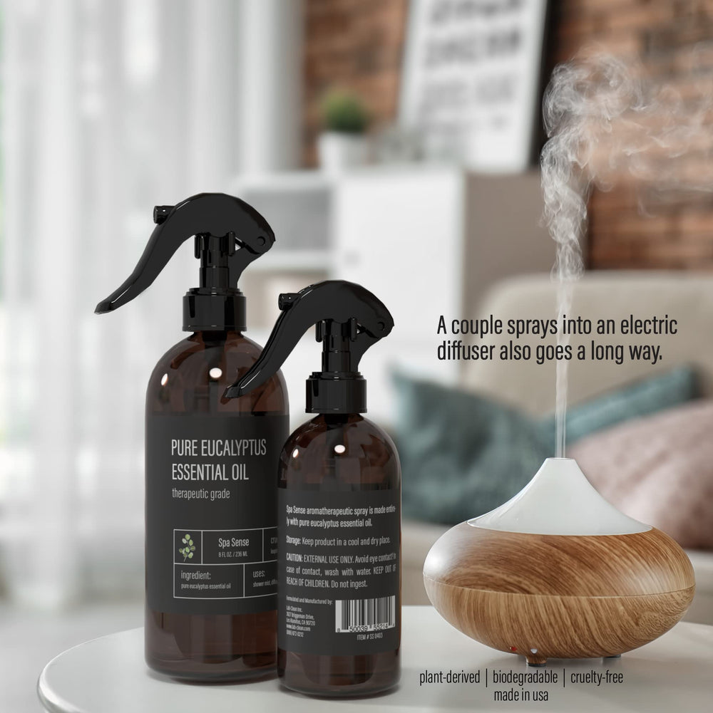 Spa Sense eucalyptus steam room spray in a diffuser for spa-like ambiance.