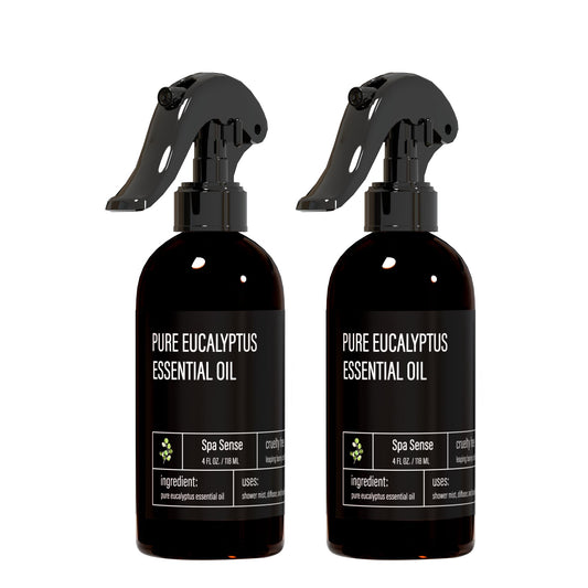 Spa Sense Pure eucalyptus shower mist bottle pouring for an invigorating start to your day.
