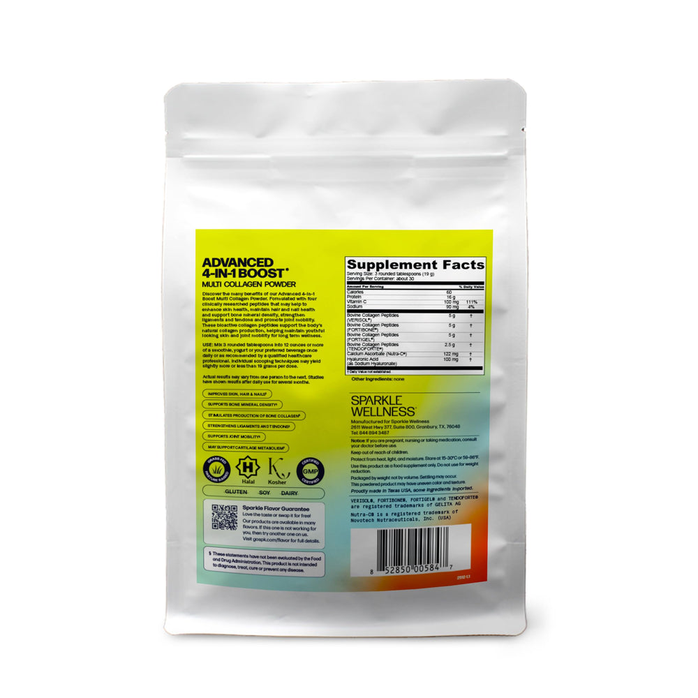 Sparkle Wellness Advanced 4in1 Boost packaging shows recyclable pouch and eco-friendly design.