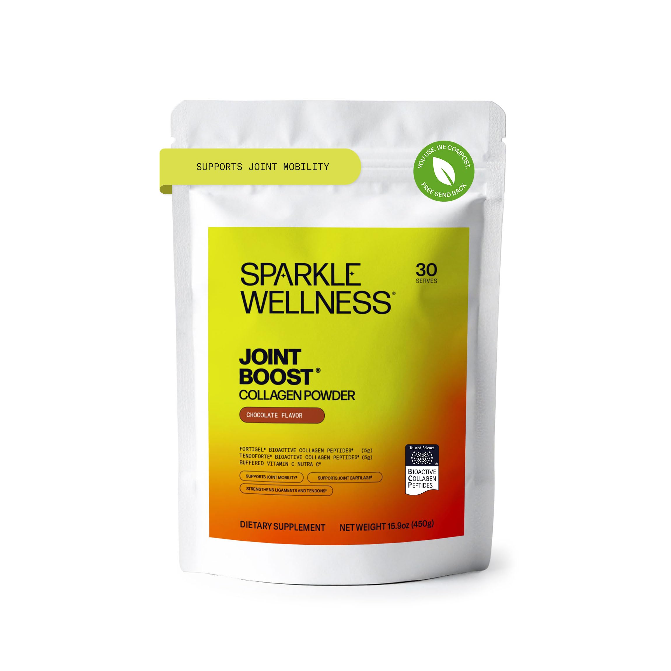 Sparkle Wellness Fortigel Tendoforte chocolate tub front, highlighting joint-supporting collagen blend
