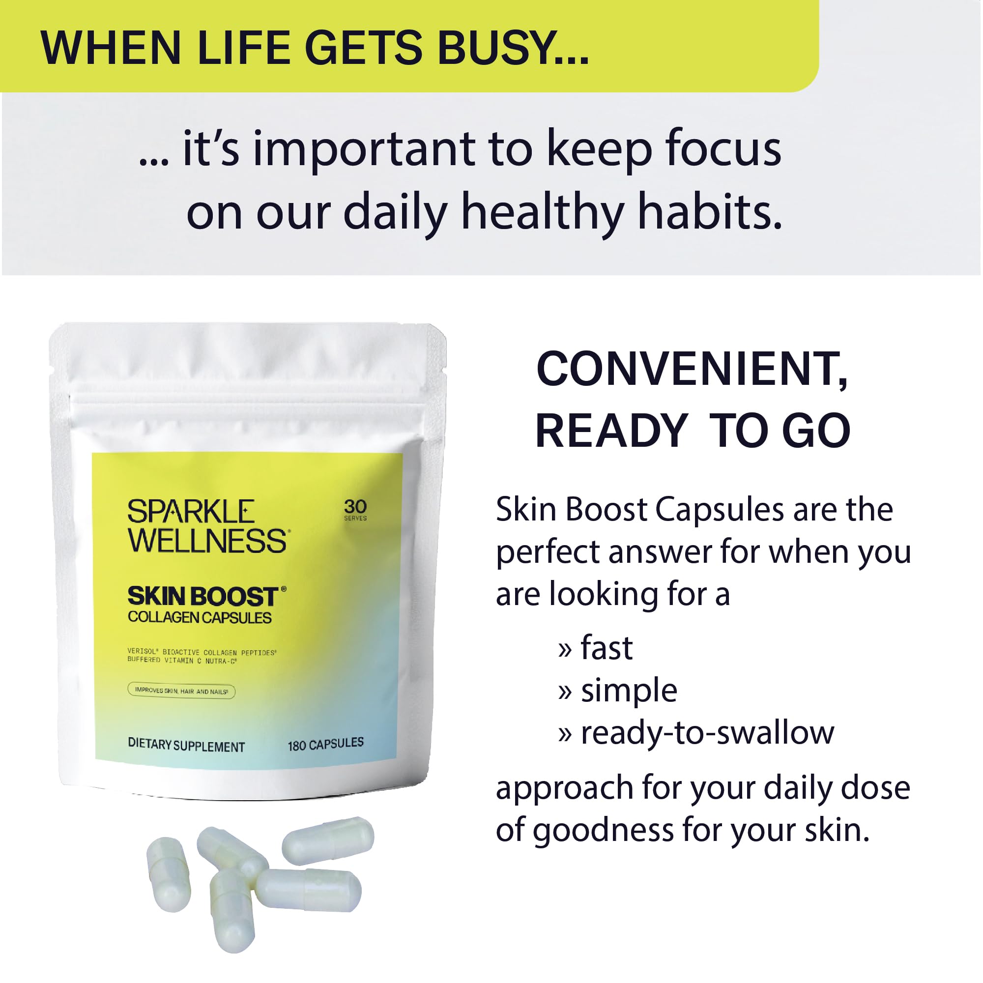 Sparkle Wellness capsules beside a glass of water for daily routine use.