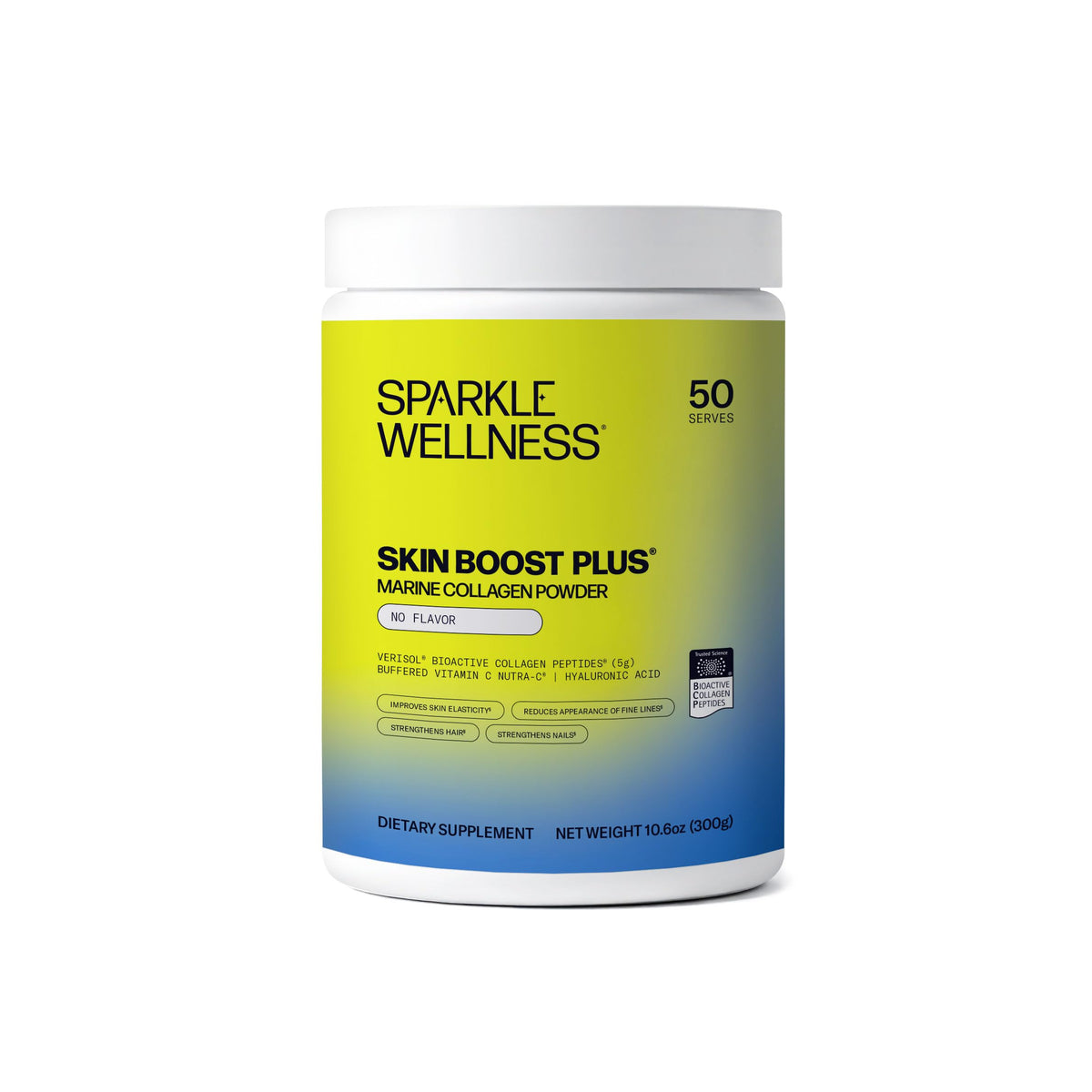 Sparkle Wellness Marine Skin Boost Plus bottle on counter for daily collagen support
