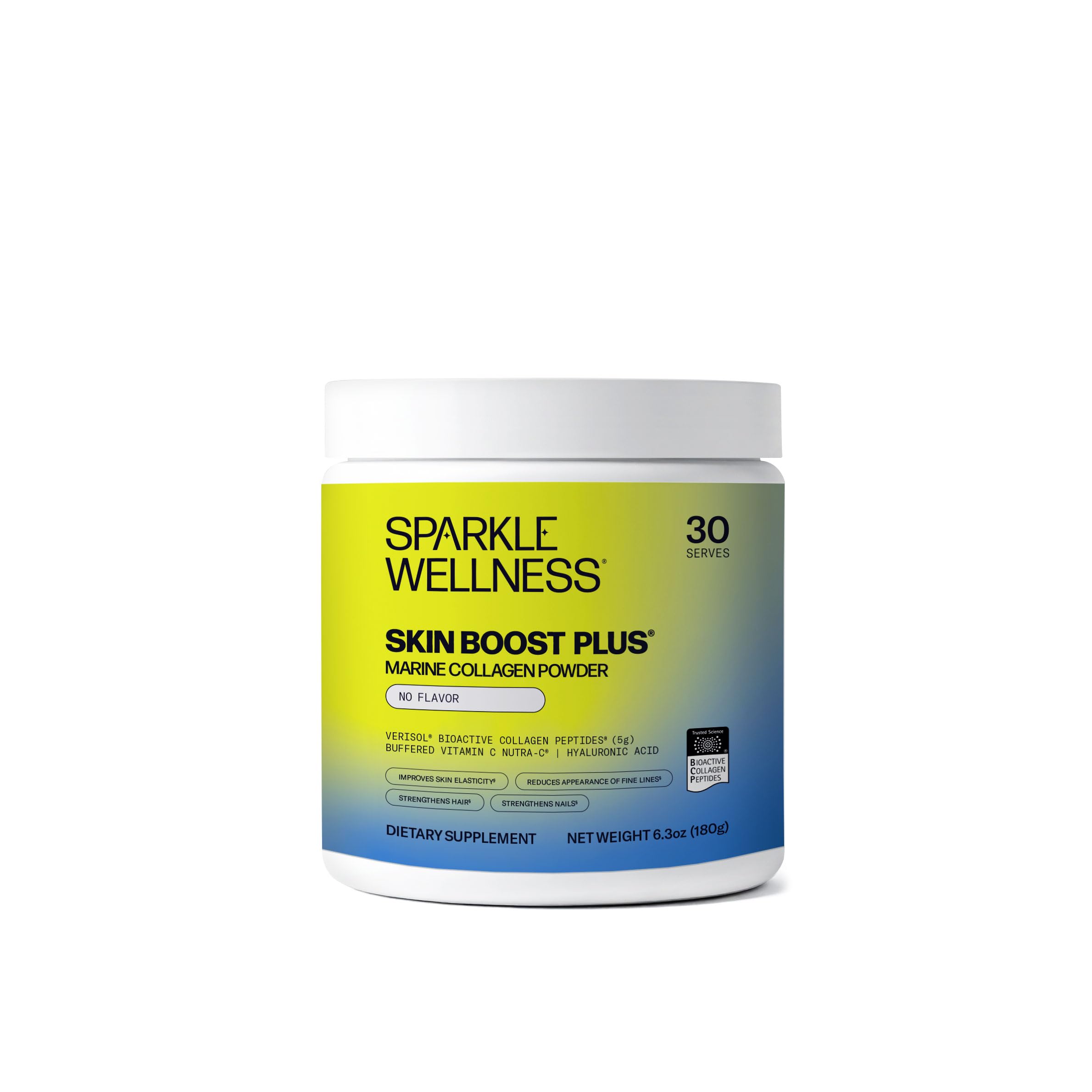 Sparkle Wellness Marine Skin Boost Plus bottle on counter for daily beauty support.