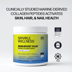Sparkle Wellness Marine Skin Boost Plus glass with vitamin C and hyaluronic acid for hydration.