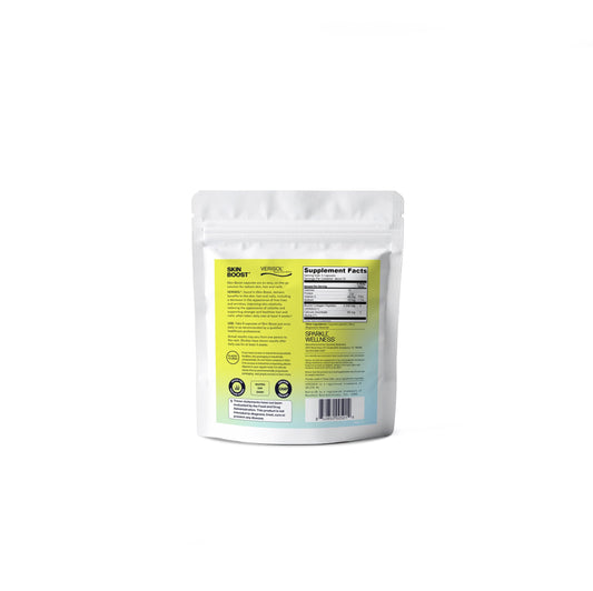 Close-up of Sparkle Wellness Skin Boost capsules for skin and hair health.