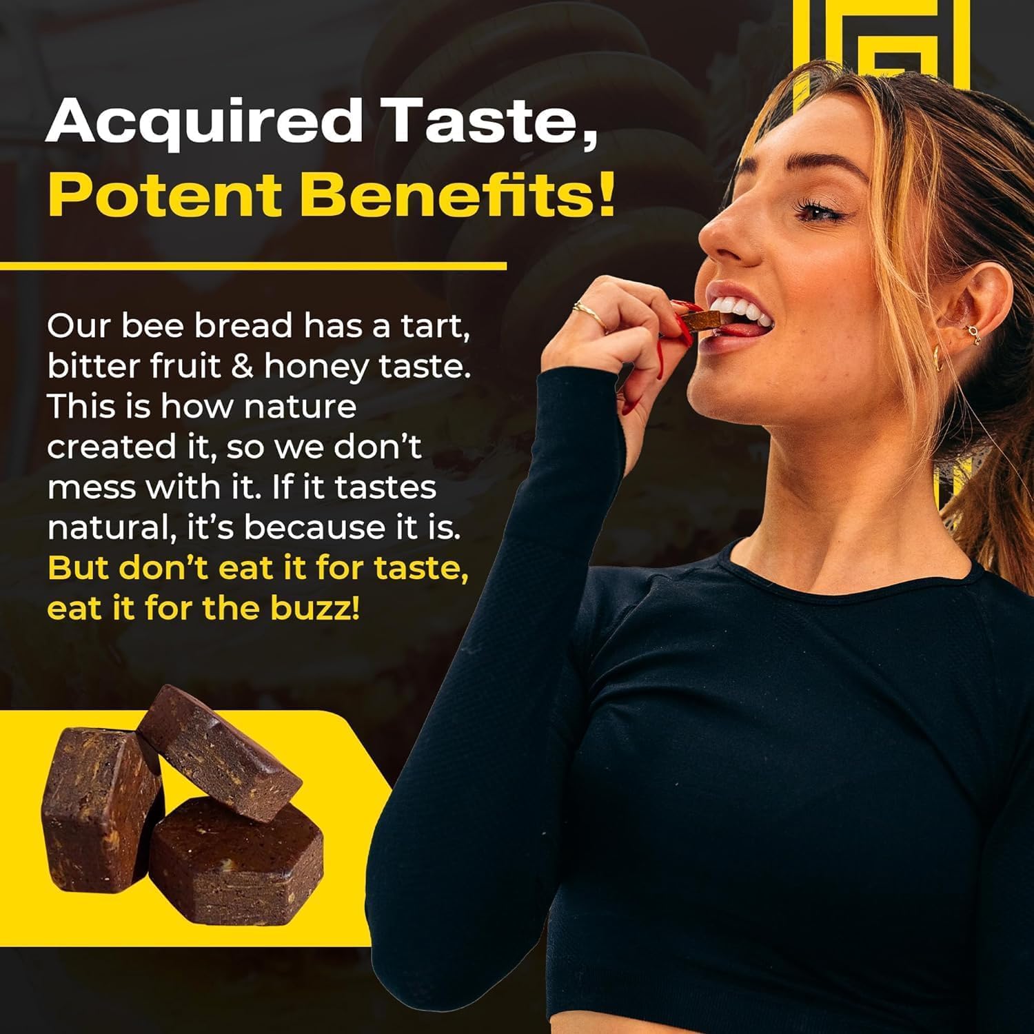 The Stampede Network Spartan Bee Bread Chewables label closeup shows organic fermentation.