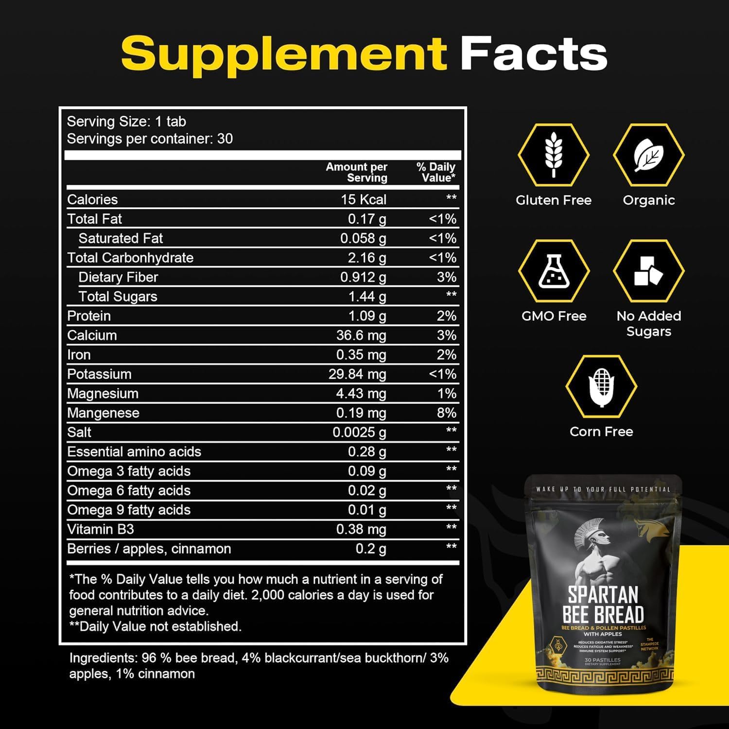 The Stampede Network Spartan Bee Bread Chewables pack shot emphasizes non-GMO formula.