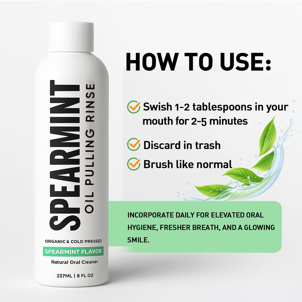 SUBMETIC Spearmint Oil Pulling Rinse ingredients show organic coconut oil.
