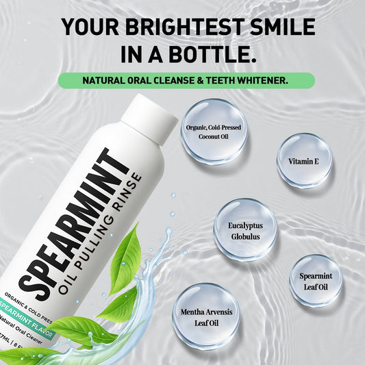 SUBMETIC Spearmint Oil Pulling Rinse being poured for a refreshing start.