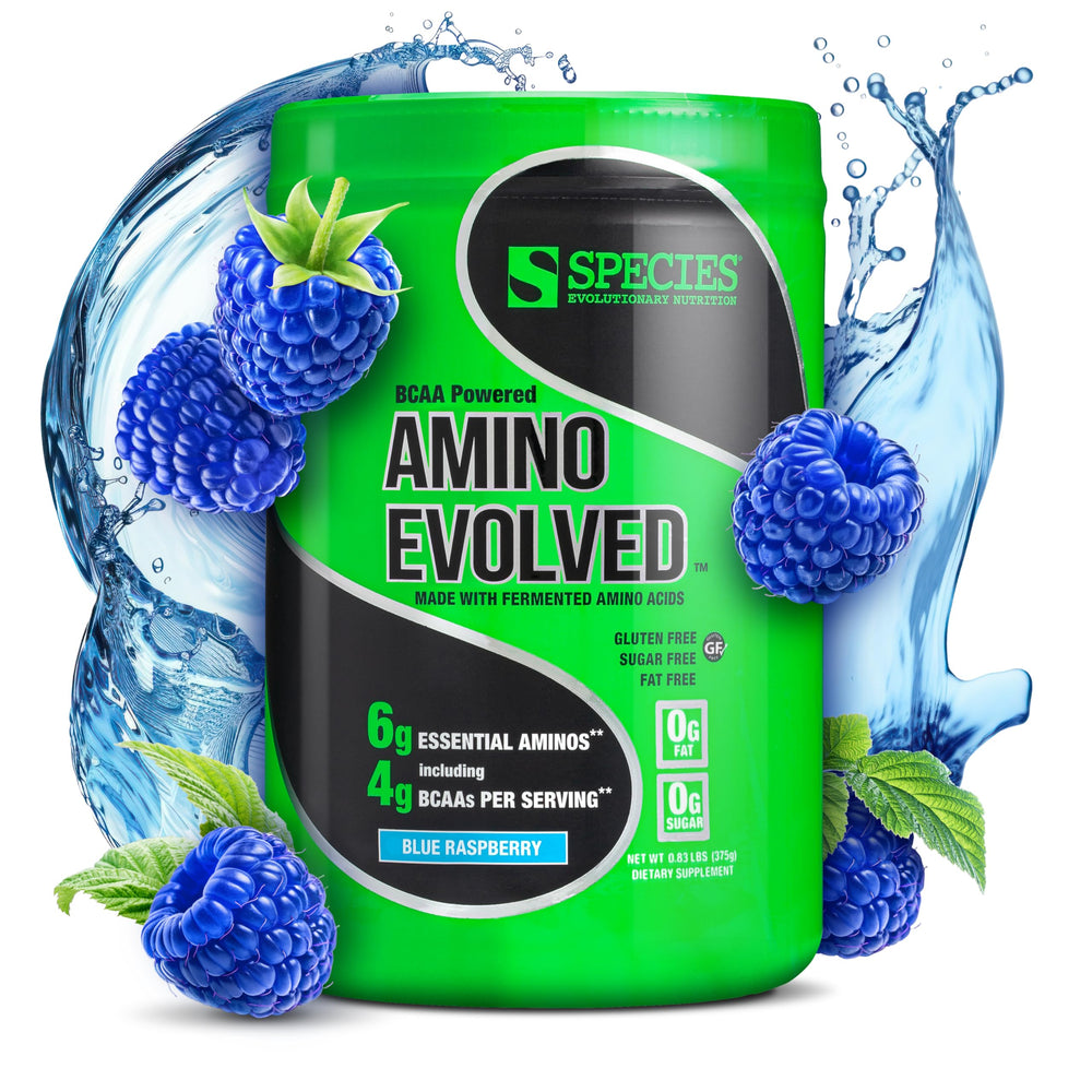 Species Nutrition Amino Evolved blue raspberry powder supports fast amino uptake for workouts.