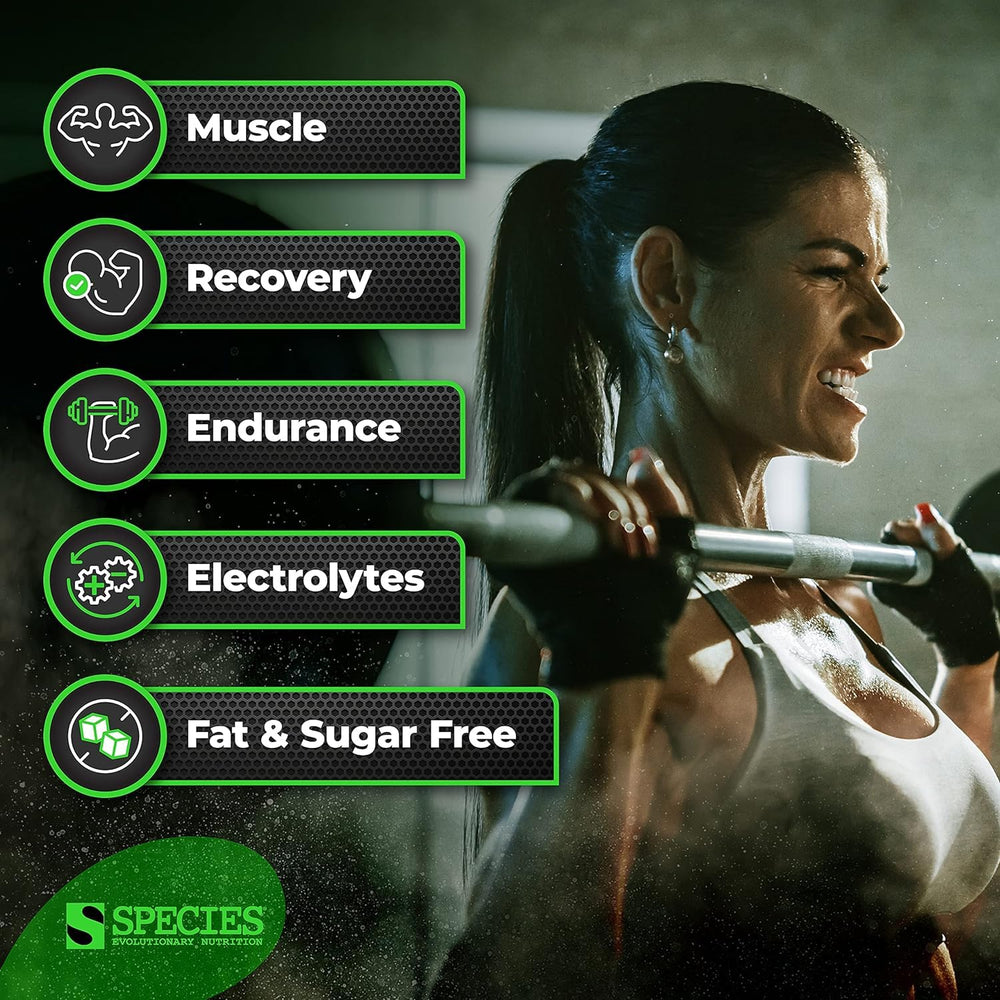Species Nutrition Amino Evolved label closeup; fermented amino acids for absorption