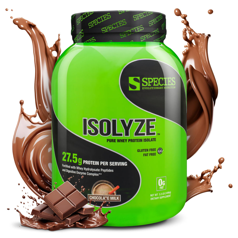 Species Nutrition Isolyze bottle pouring to reveal a smooth post-workout shake
