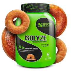 Species Nutrition Isolyze Cinnamon Donut protein powder in tub for post-workout fueling