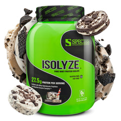 Species Nutrition Isolyze whey isolate tub visible, high-protein support for muscle recovery.