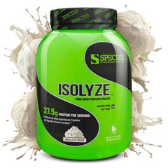 Species Nutrition Isolyze whey protein powder scoop with vanilla ice cream flavor boosts post-workout recovery.