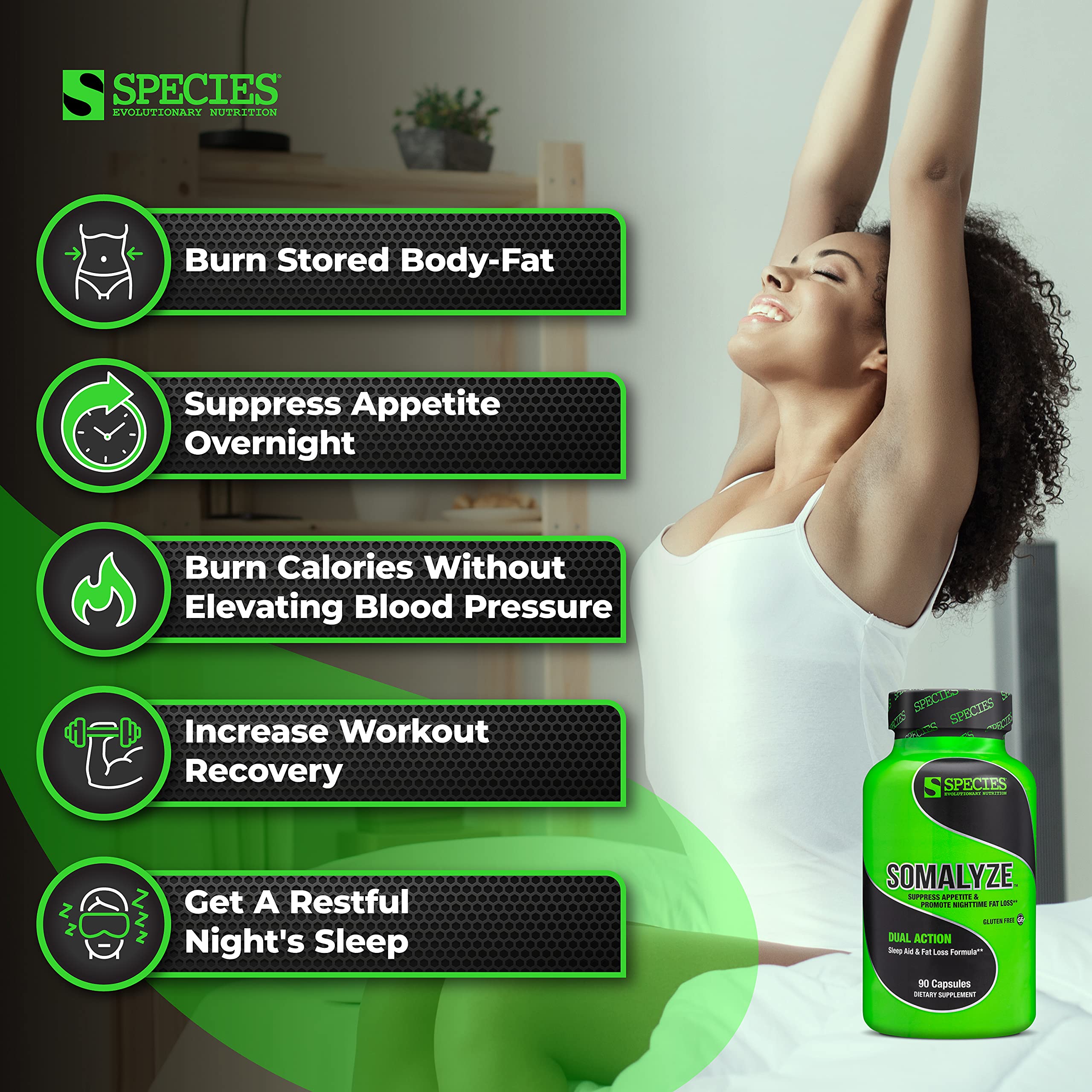 Species Nutrition Somalyze tub packaging conveys a nightly routine option.