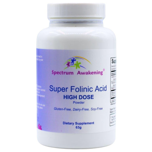 Spectrum Awakening folinic acid powder bottle close-up for daily language development support.