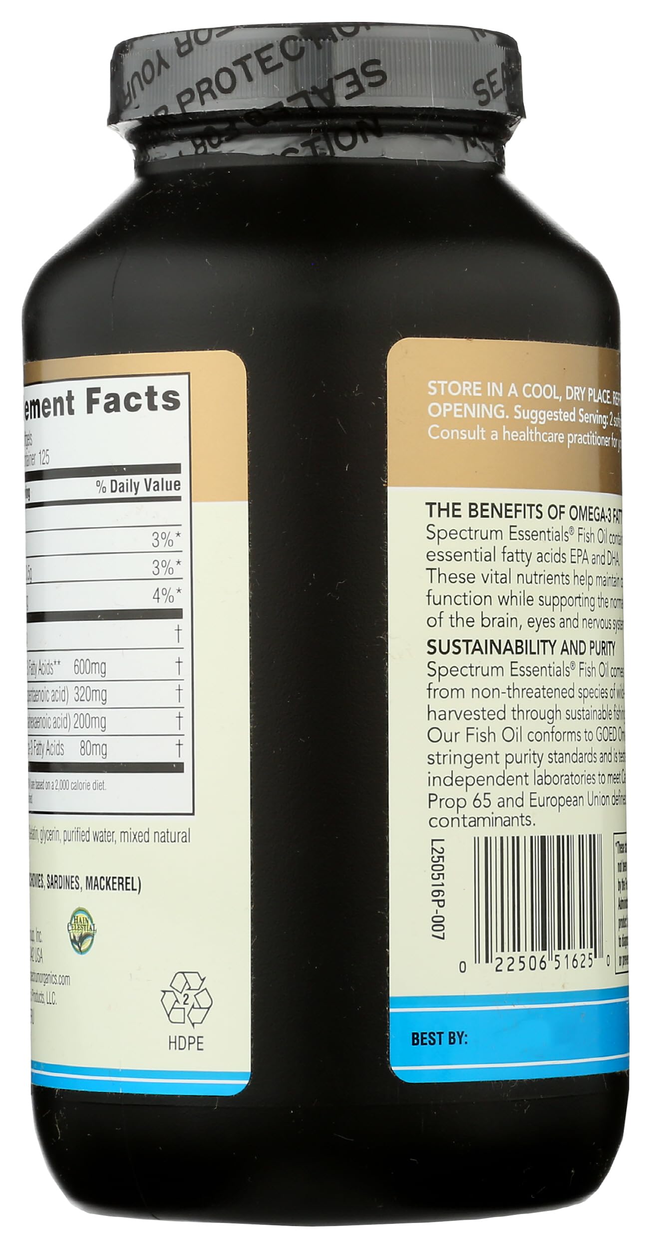 Spectrum Essentials Softgels label details include ingredients and sustainability commitments