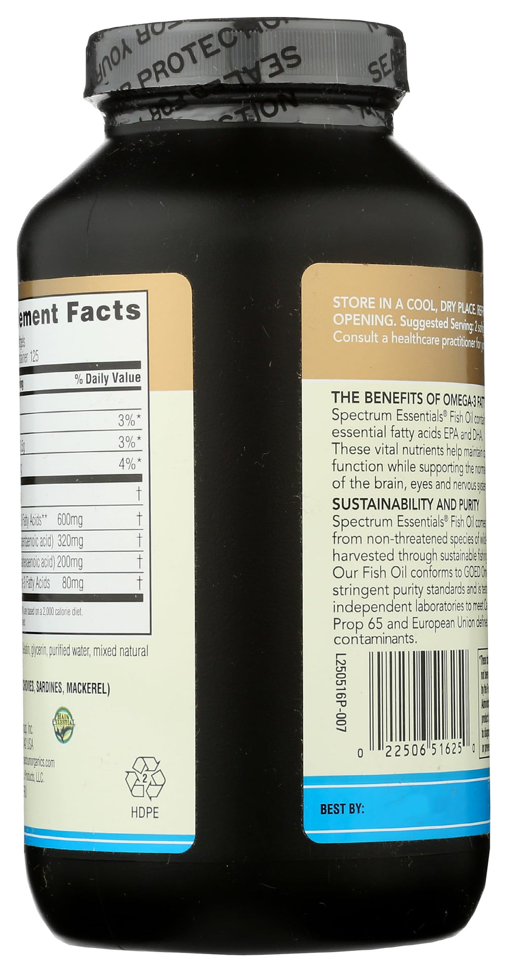 Spectrum Essentials Softgels label details include ingredients and sustainability commitments