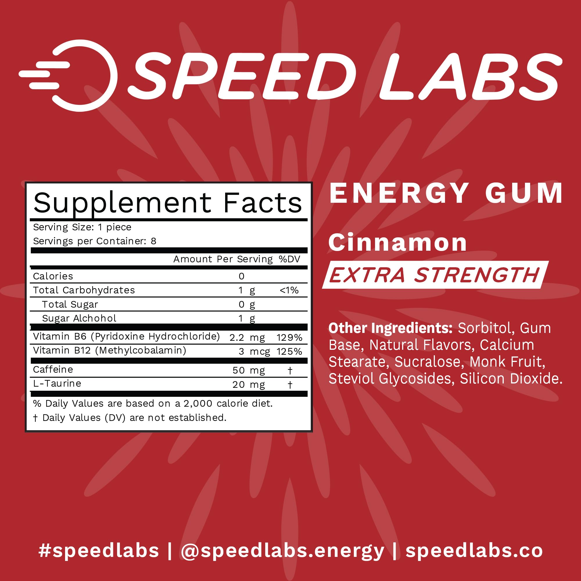 Speed Labs gum pack emphasizes B-vitamins and Taurine for energy support.