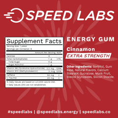 Speed Labs gum pack emphasizes B-vitamins and Taurine for energy support.
