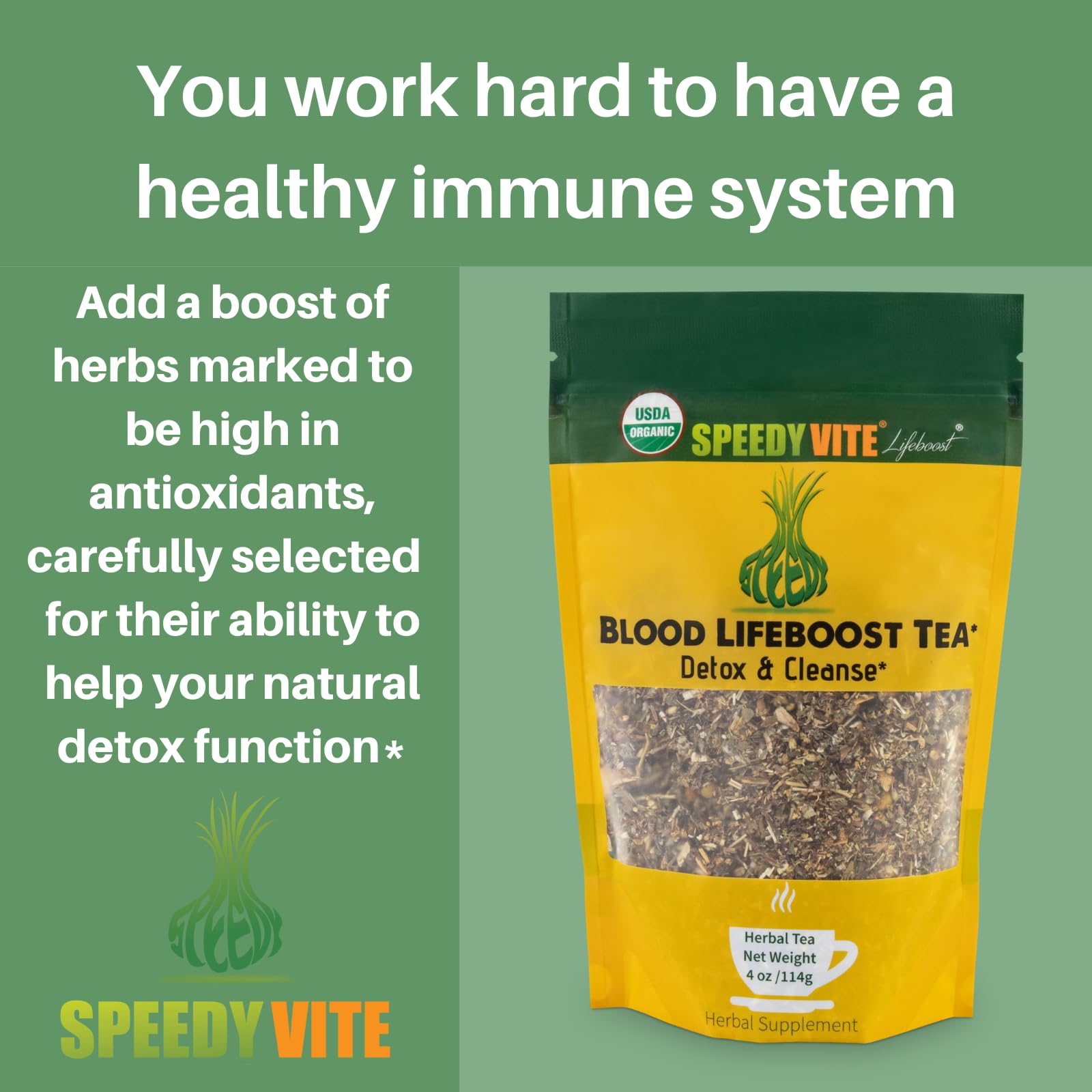 SpeedyVite Blood Lifeboost Tea brewed cup capturing calming aroma.